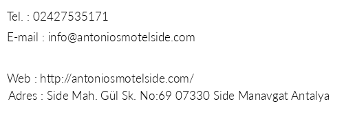 Antonios Motel telefon numaralar, faks, e-mail, posta adresi ve iletiim bilgileri